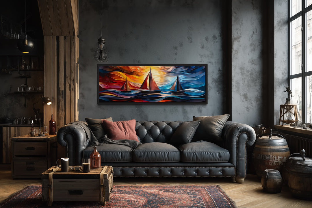 Colorful Art Deco Sail Boats Panoramic Framed Canvas Wall Art