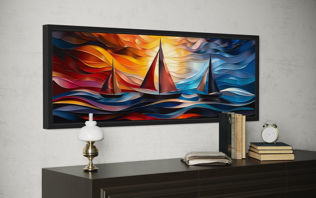 Colorful Art Deco Sail Boats Panoramic Framed Canvas Wall Art