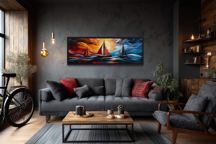 Colorful Art Deco Sail Boats Panoramic Framed Canvas Wall Art