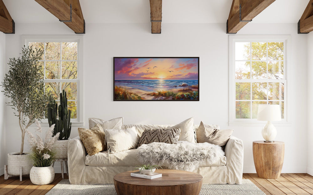 Colorful Beach Sunset With Seagulls Framed Canvas Wall Art above beige couch