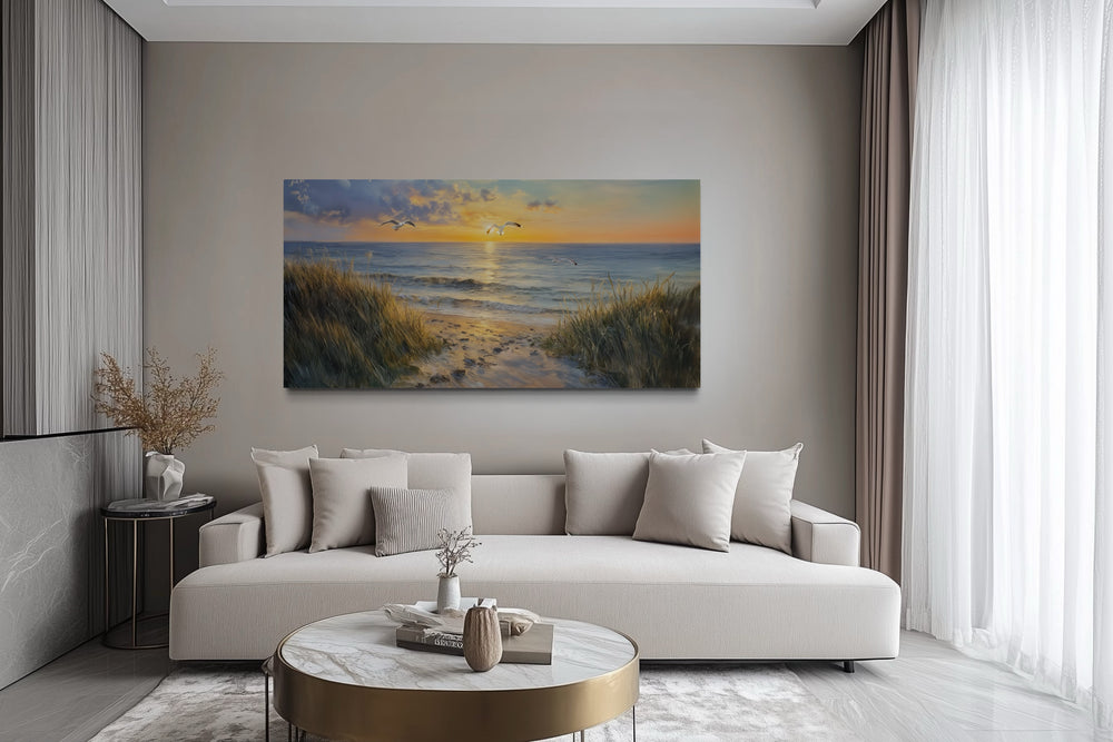 Colorful Beach Sunset With Seagulls Framed Canvas Wall Art