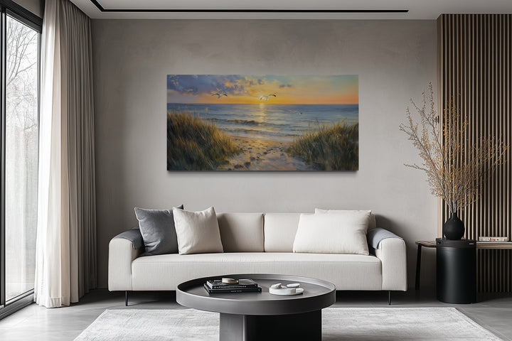 Colorful Beach Sunset With Seagulls Framed Canvas Wall Art