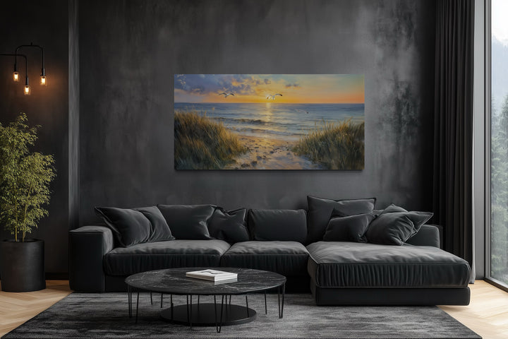 Colorful Beach Sunset With Seagulls Framed Canvas Wall Art