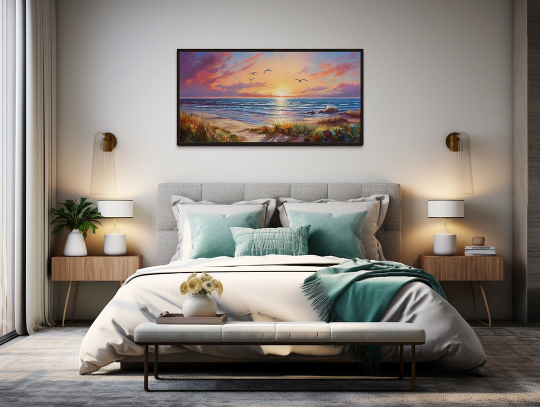 Colorful Beach Sunset With Seagulls Framed Canvas Wall Art