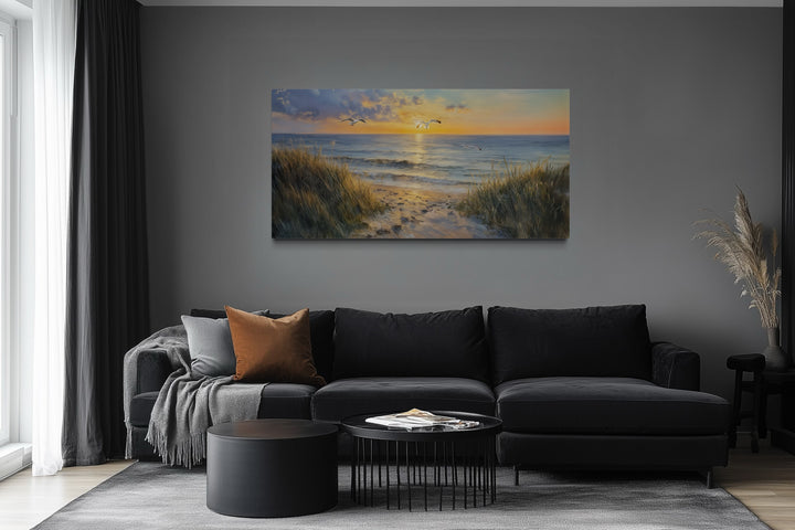 Colorful Beach Sunset With Seagulls Framed Canvas Wall Art