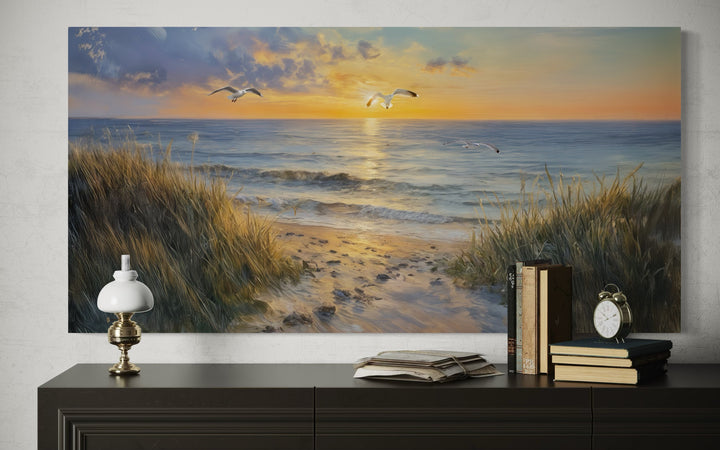 Colorful Beach Sunset With Seagulls Framed Canvas Wall Art