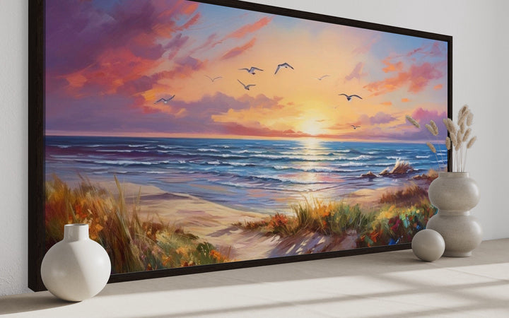 Colorful Beach Sunset With Seagulls Framed Canvas Wall Art