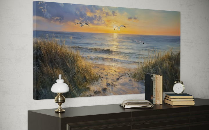 Colorful Beach Sunset With Seagulls Framed Canvas Wall Art