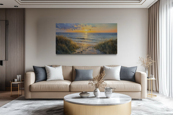 Colorful Beach Sunset With Seagulls Framed Canvas Wall Art