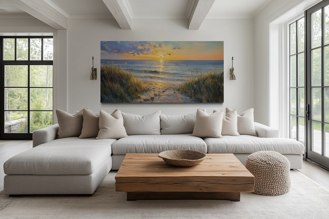 Colorful Beach Sunset With Seagulls Framed Canvas Wall Art
