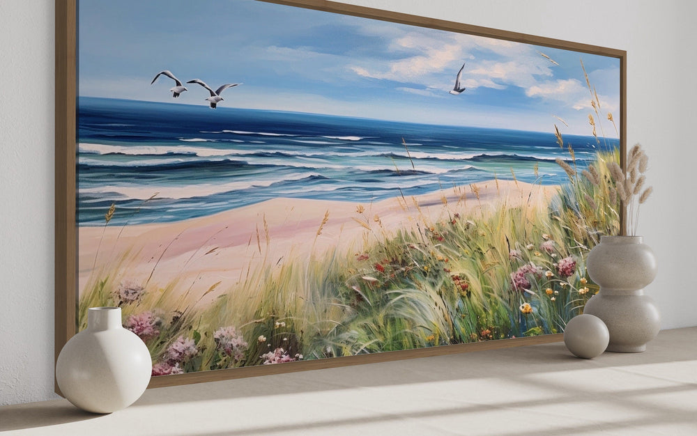 Colorful Beach With Seagulls And Grass Framed Canvas Wall Art