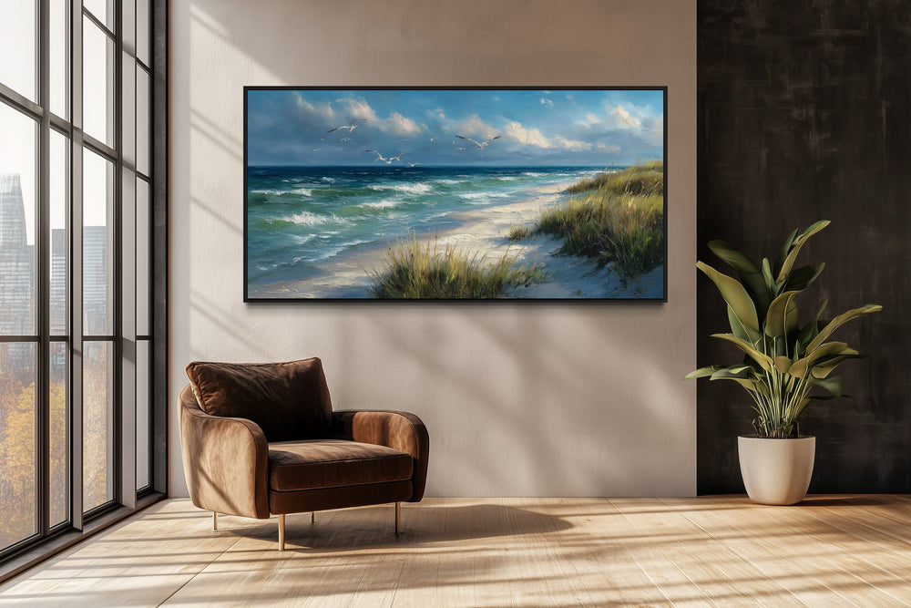 Colorful Beach With Seagulls And Grass Framed Canvas Wall Art