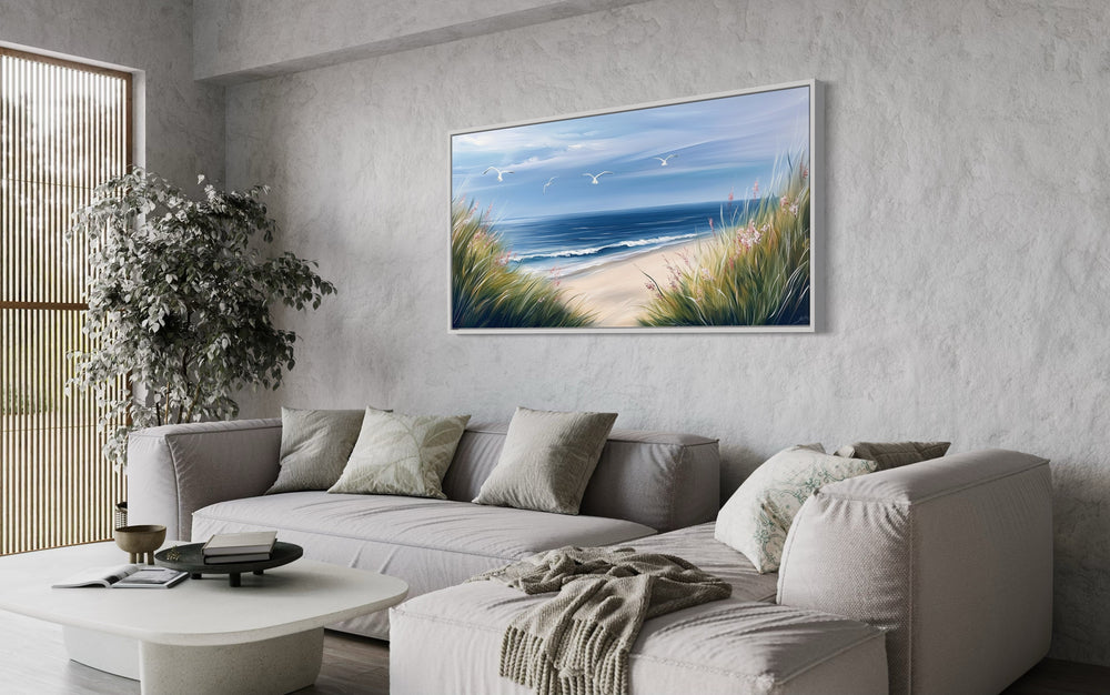 Colorful Beach With Seagulls And Grass Framed Canvas Wall Art