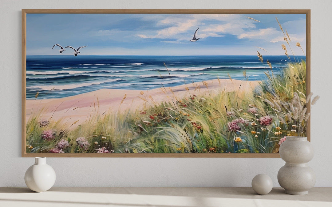 Colorful Beach With Seagulls And Grass Framed Canvas Wall Art