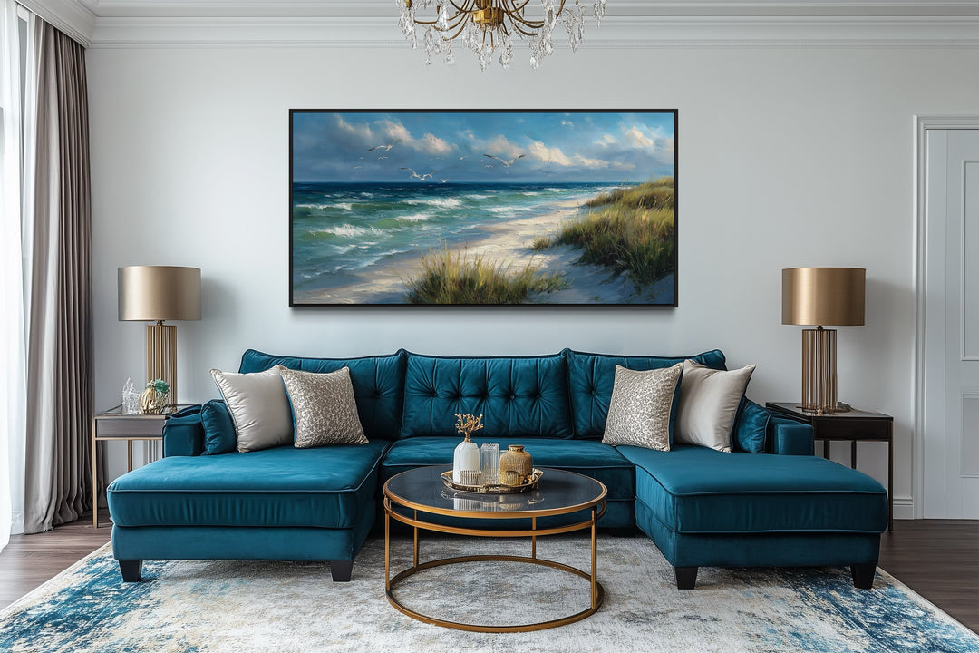 Colorful Beach With Seagulls And Grass Framed Canvas Wall Art