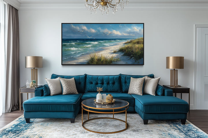 Colorful Beach With Seagulls And Grass Framed Canvas Wall Art