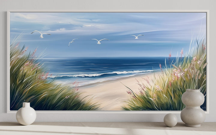 Colorful Beach With Seagulls And Grass Framed Canvas Wall Art