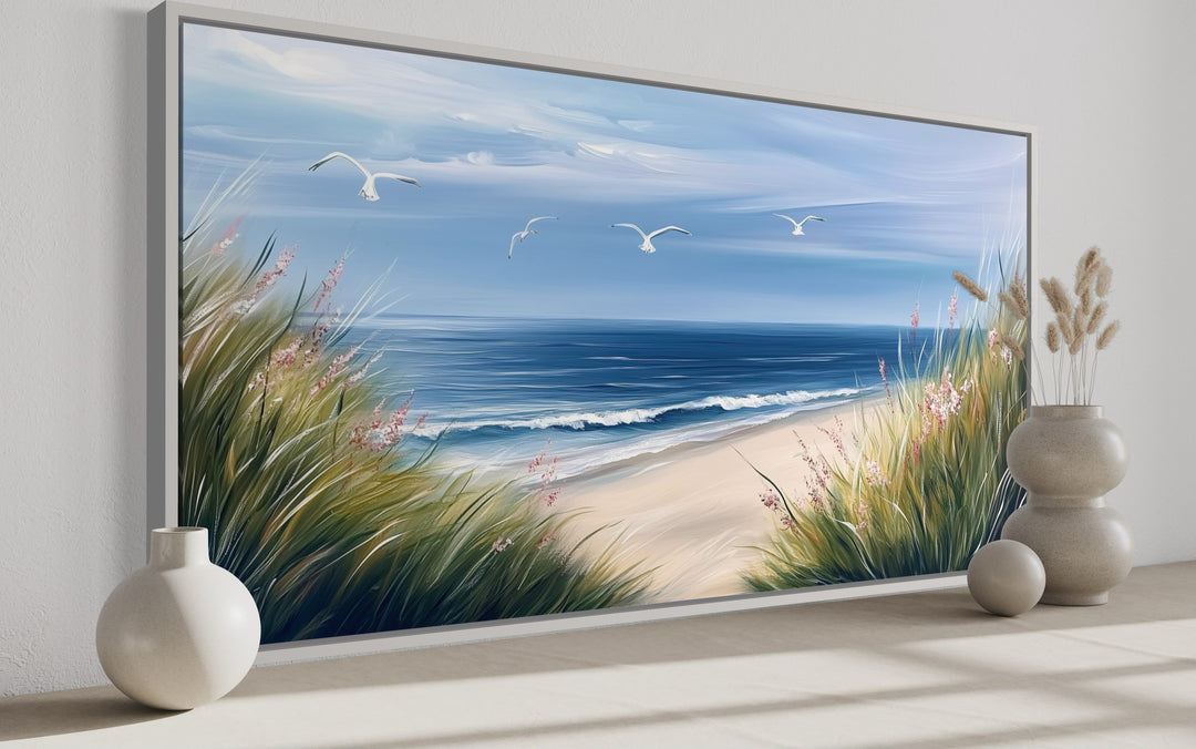 Colorful Beach With Seagulls And Grass Framed Canvas Wall Art