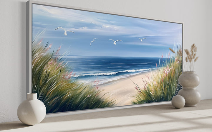 Colorful Beach With Seagulls And Grass Framed Canvas Wall Art