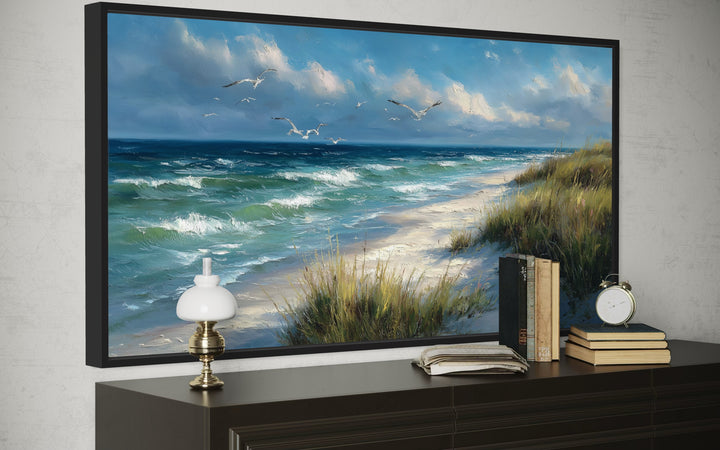 Colorful Beach With Seagulls And Grass Framed Canvas Wall Art