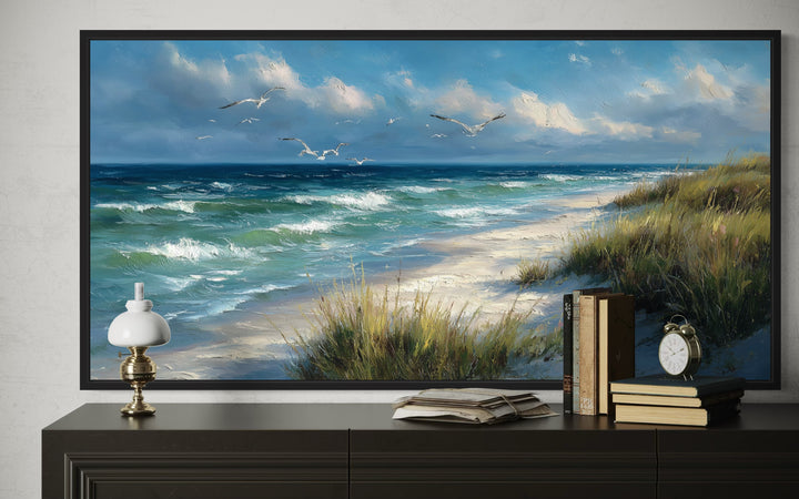 Colorful Beach With Seagulls And Grass Framed Canvas Wall Art