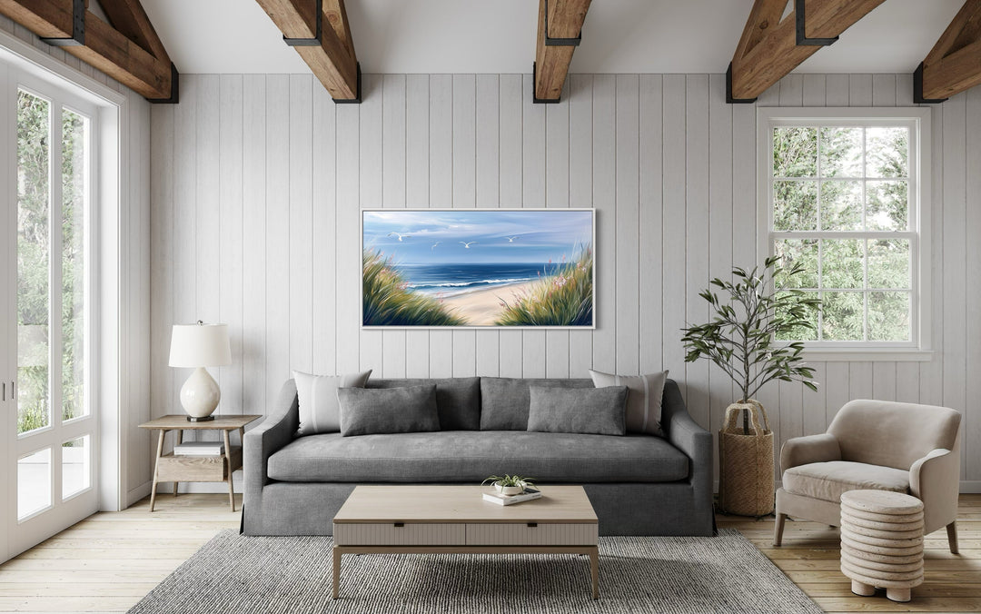 Colorful Beach With Seagulls And Grass Framed Canvas Wall Art