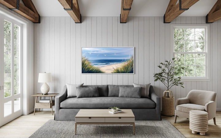 Colorful Beach With Seagulls And Grass Framed Canvas Wall Art