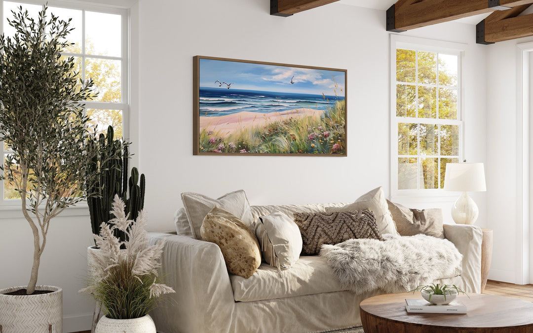 Colorful Beach With Seagulls And Grass Framed Canvas Wall Art