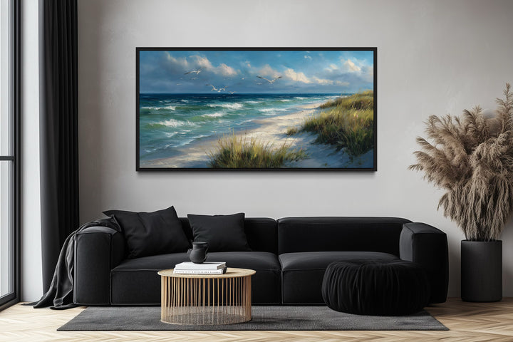 Colorful Beach With Seagulls And Grass Framed Canvas Wall Art