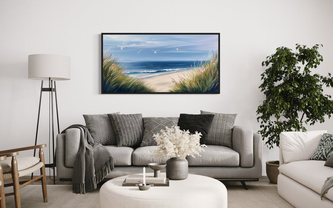 Colorful Beach With Seagulls And Grass Framed Canvas Wall Art