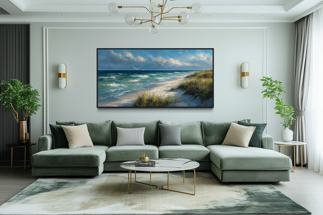 Colorful Beach With Seagulls And Grass Framed Canvas Wall Art