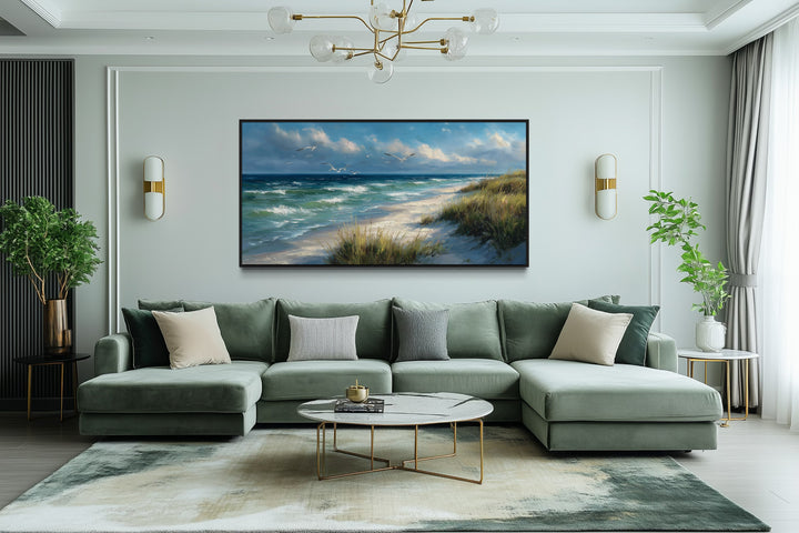 Colorful Beach With Seagulls And Grass Framed Canvas Wall Art