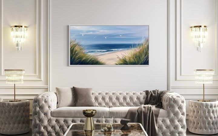 Colorful Beach With Seagulls And Grass Framed Canvas Wall Art