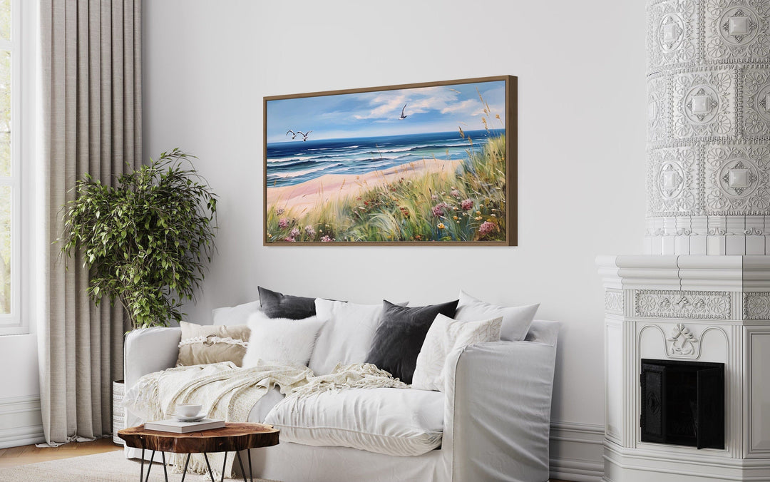 Colorful Beach With Seagulls And Grass Framed Canvas Wall Art