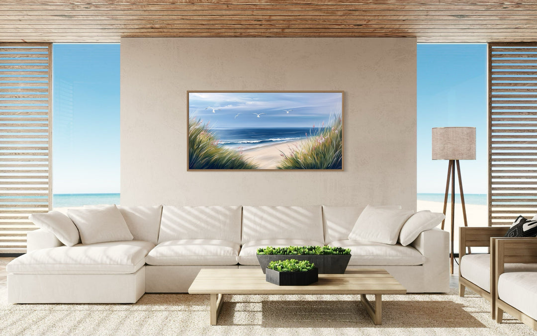 Colorful Beach With Seagulls And Grass Framed Canvas Wall Art