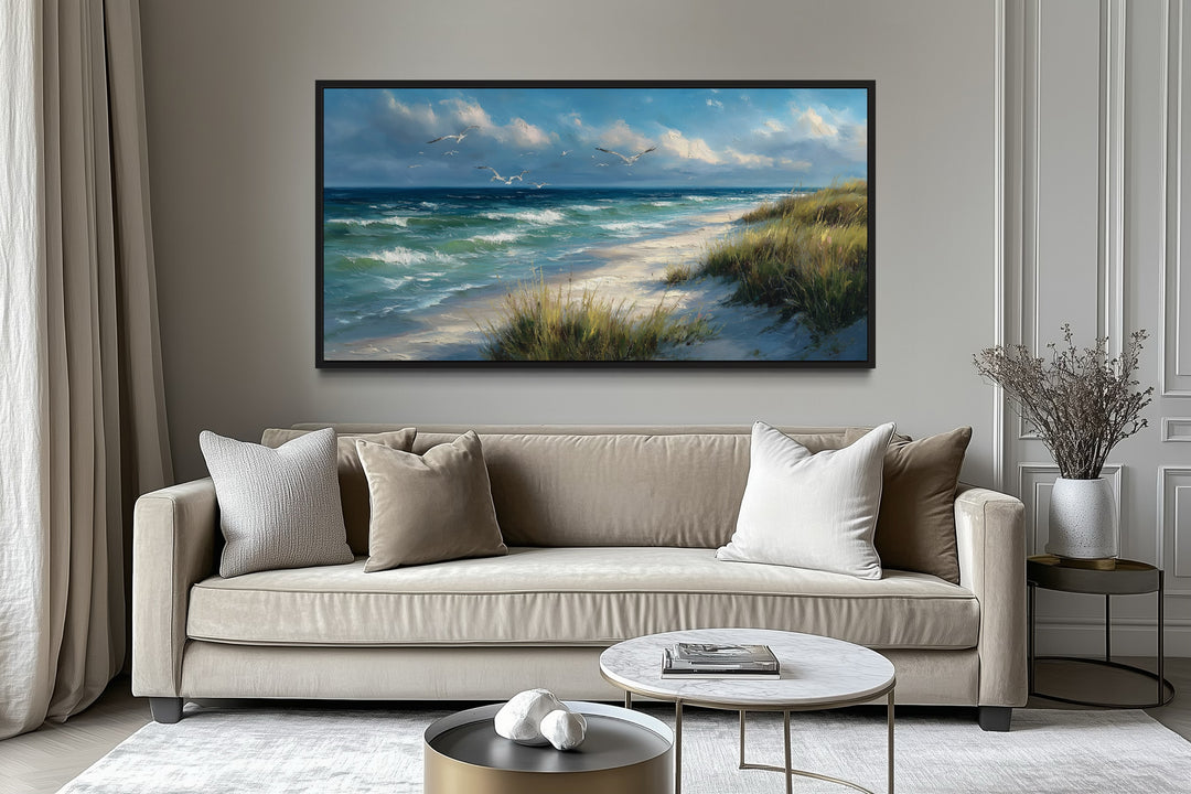 Colorful Beach With Seagulls And Grass Framed Canvas Wall Art