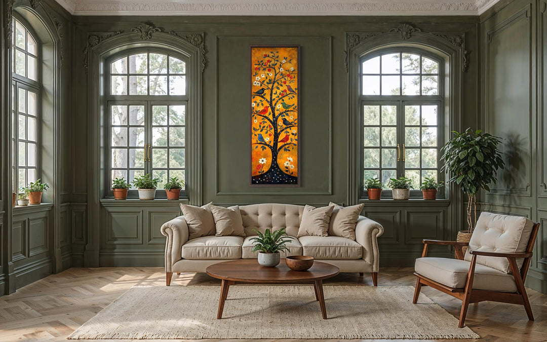 Tall narrow vertical canvas print of a folk art tree with colorful birds on an orange background.