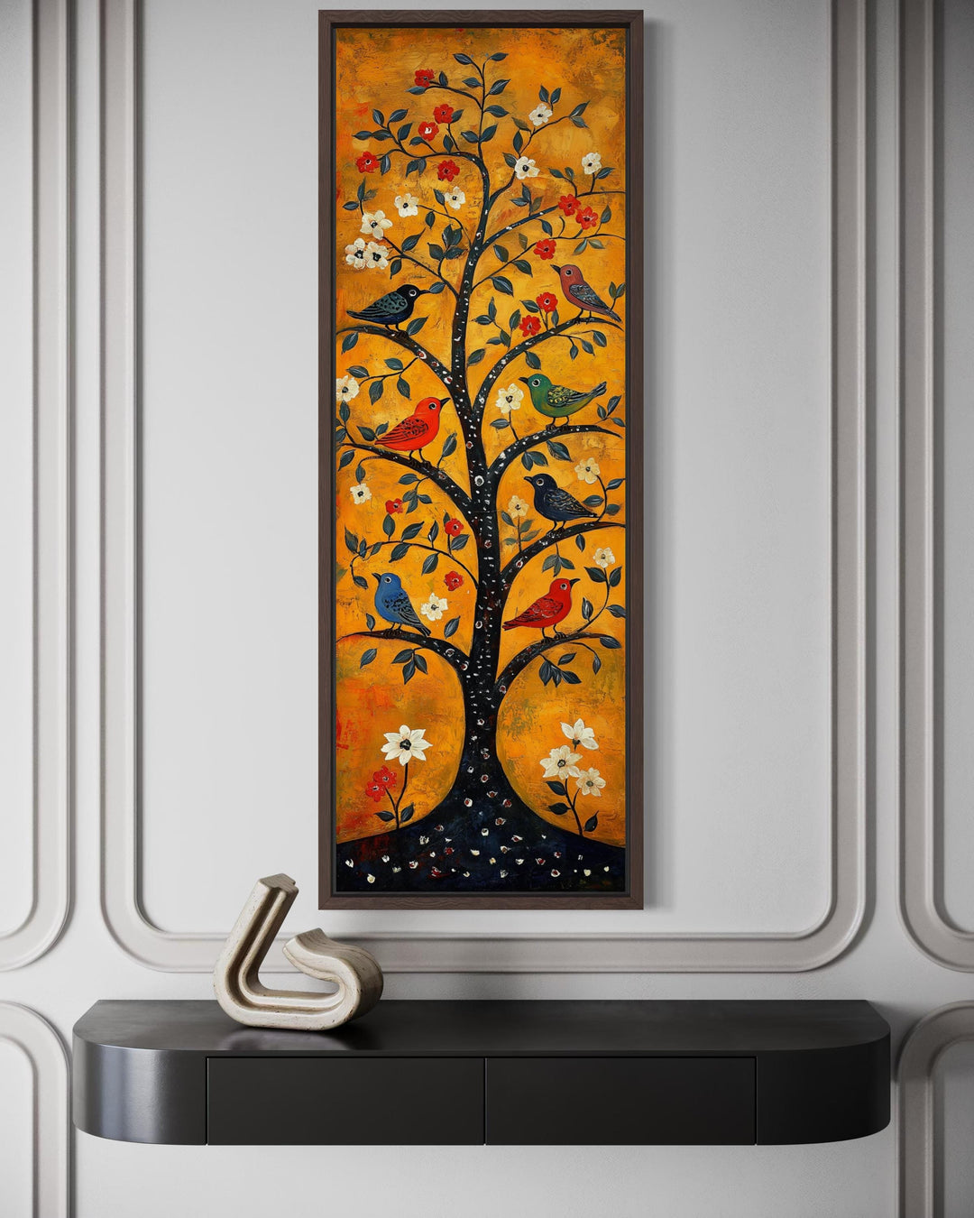 Tall narrow vertical folk art canvas print of colorful birds in a tree on an orange background.