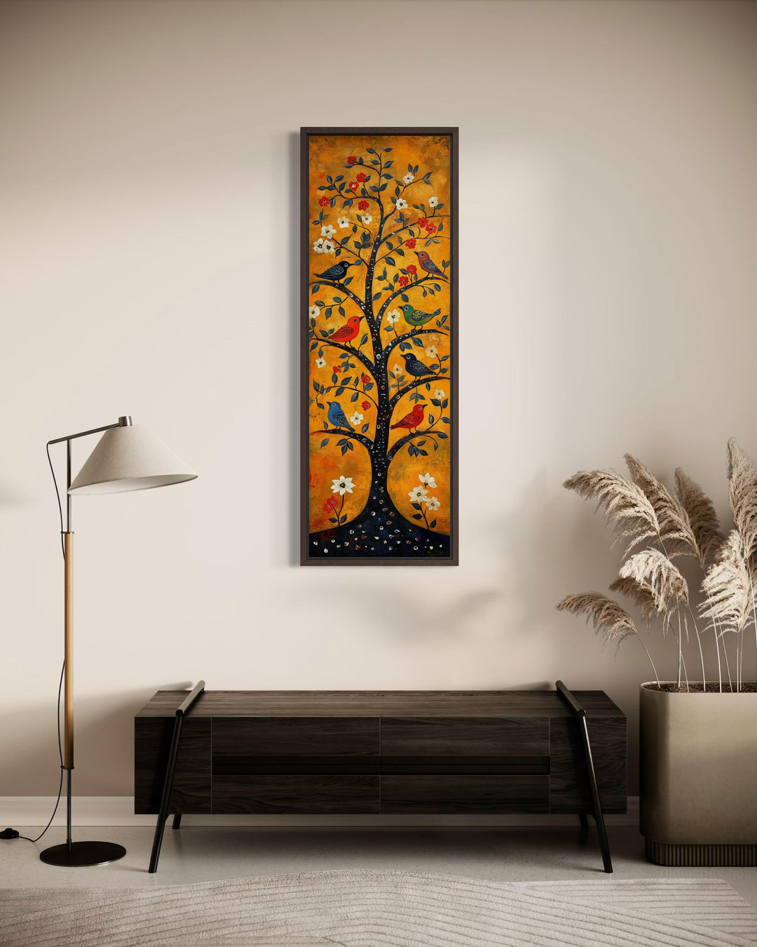 Tall narrow vertical canvas print of a folk art tree with colorful birds on an orange background.