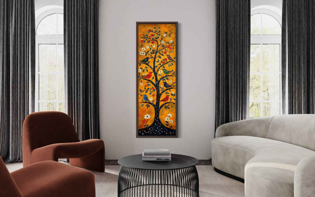 Tall narrow vertical folk art canvas print of colorful birds in a tree on an orange background.