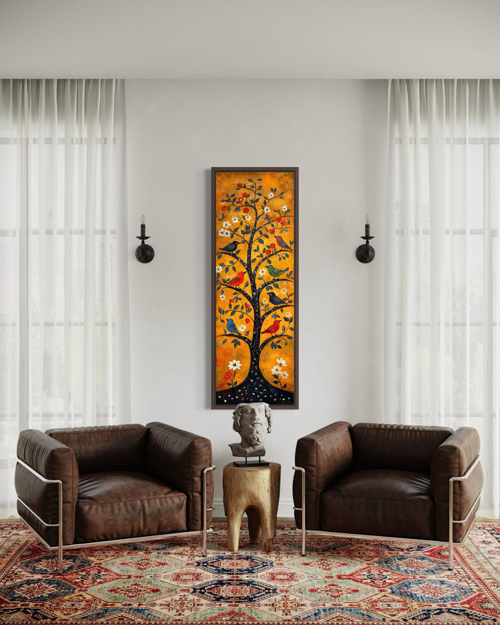 Tall narrow vertical canvas print of a folk art tree with colorful birds on an orange background.