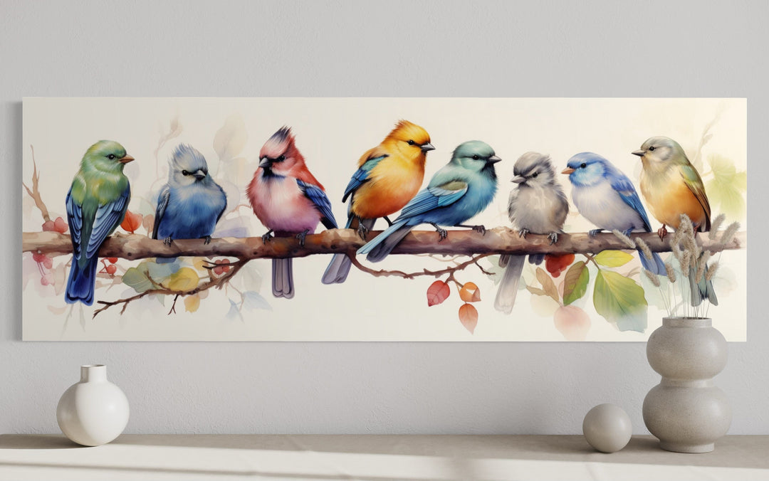 Colorful Birds On A Branch Horizontal Framed Canvas Wall Art