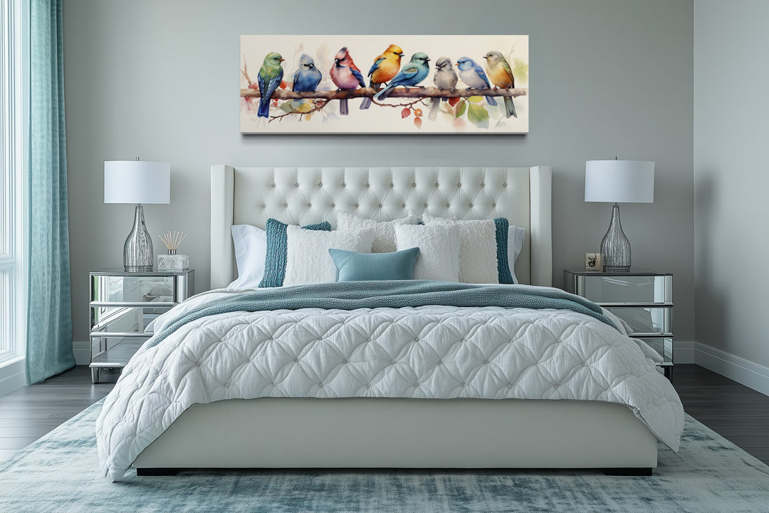 Colorful Birds On A Branch Horizontal Framed Canvas Wall Art
