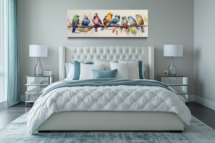 Colorful Birds On A Branch Horizontal Framed Canvas Wall Art