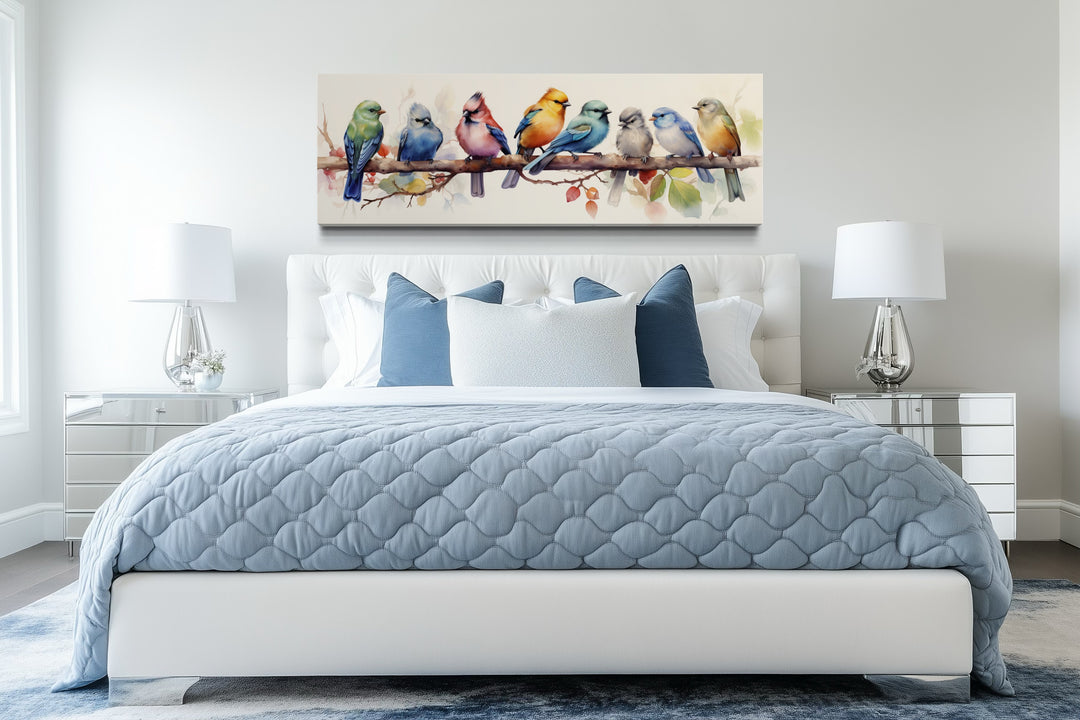 Colorful Birds On A Branch Horizontal Framed Canvas Wall Art