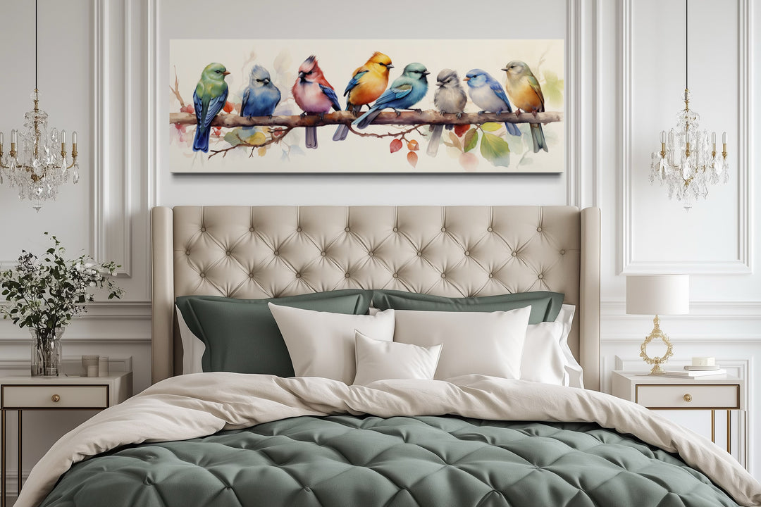 Colorful Birds On A Branch Horizontal Framed Canvas Wall Art