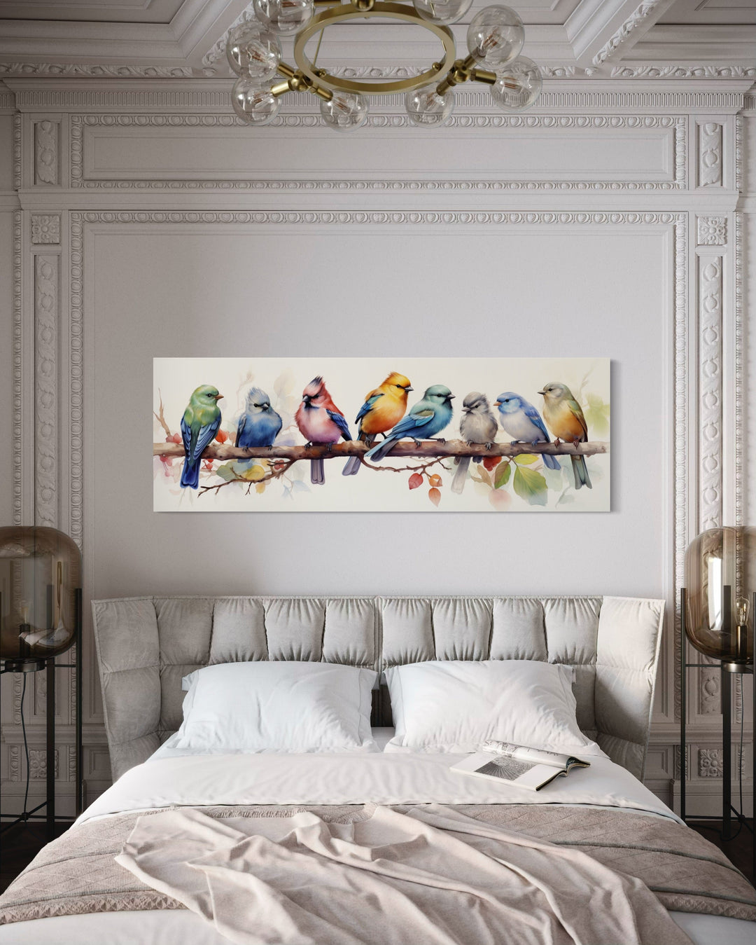 Colorful Birds On A Branch Horizontal Framed Canvas Wall Art