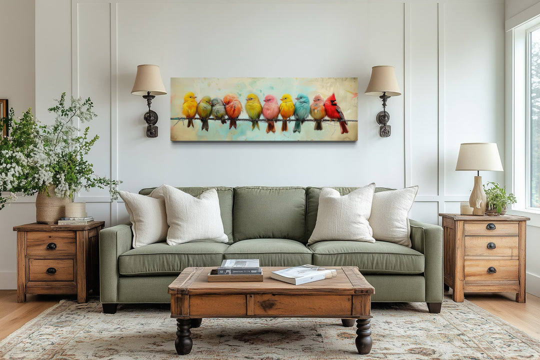 Colorful Birds On A Wire Long Horizontal Canvas Wall Art