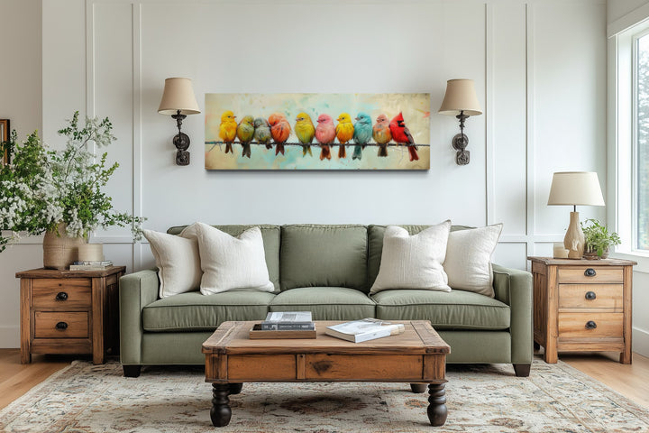 Colorful Birds On A Wire Long Horizontal Canvas Wall Art