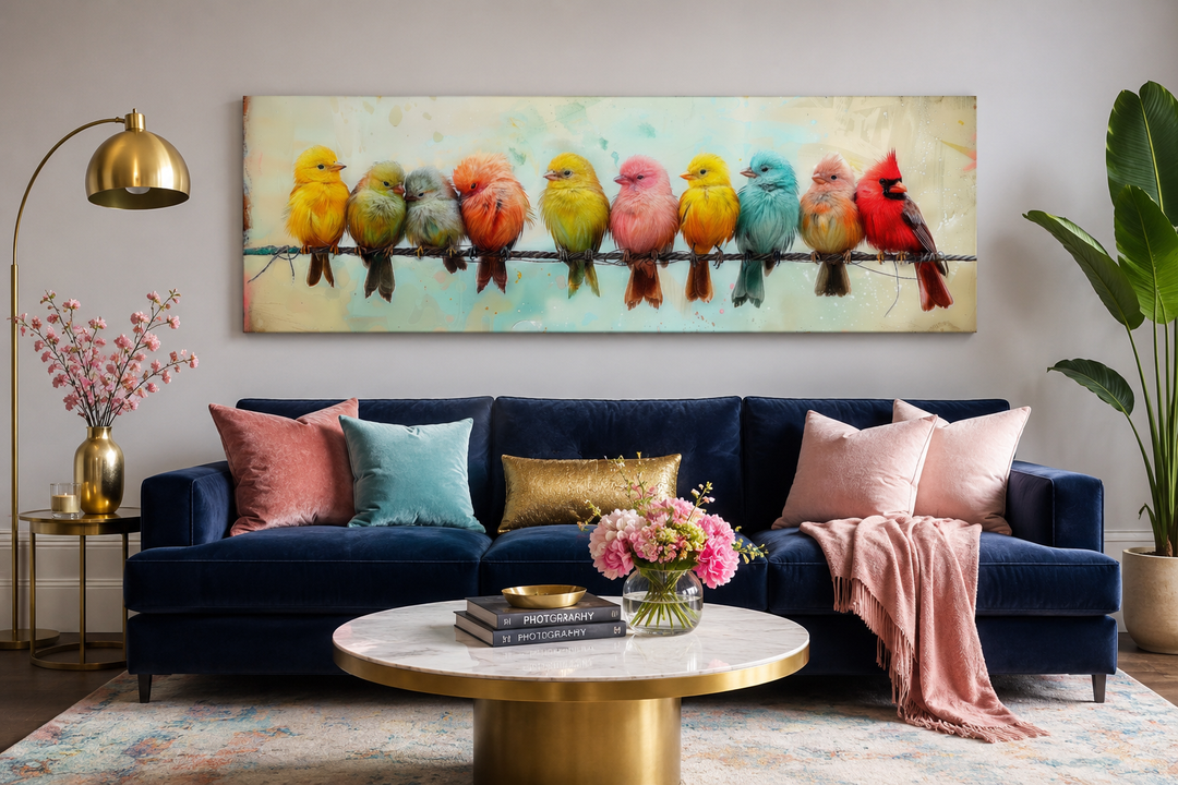 Colorful Birds On A Wire long horizontal canvas wall art displayed above a navy blue sofa.